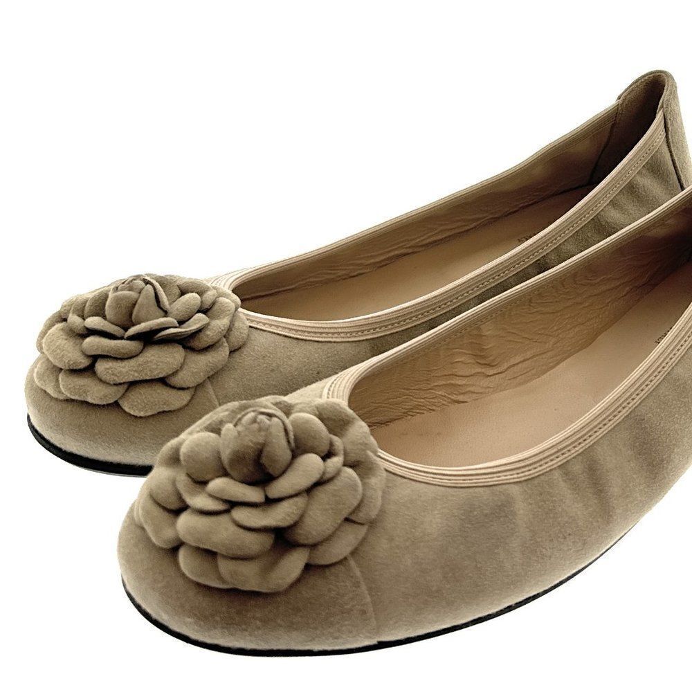 Neutral Taupe Suede Floral Ballet Flats - Women's